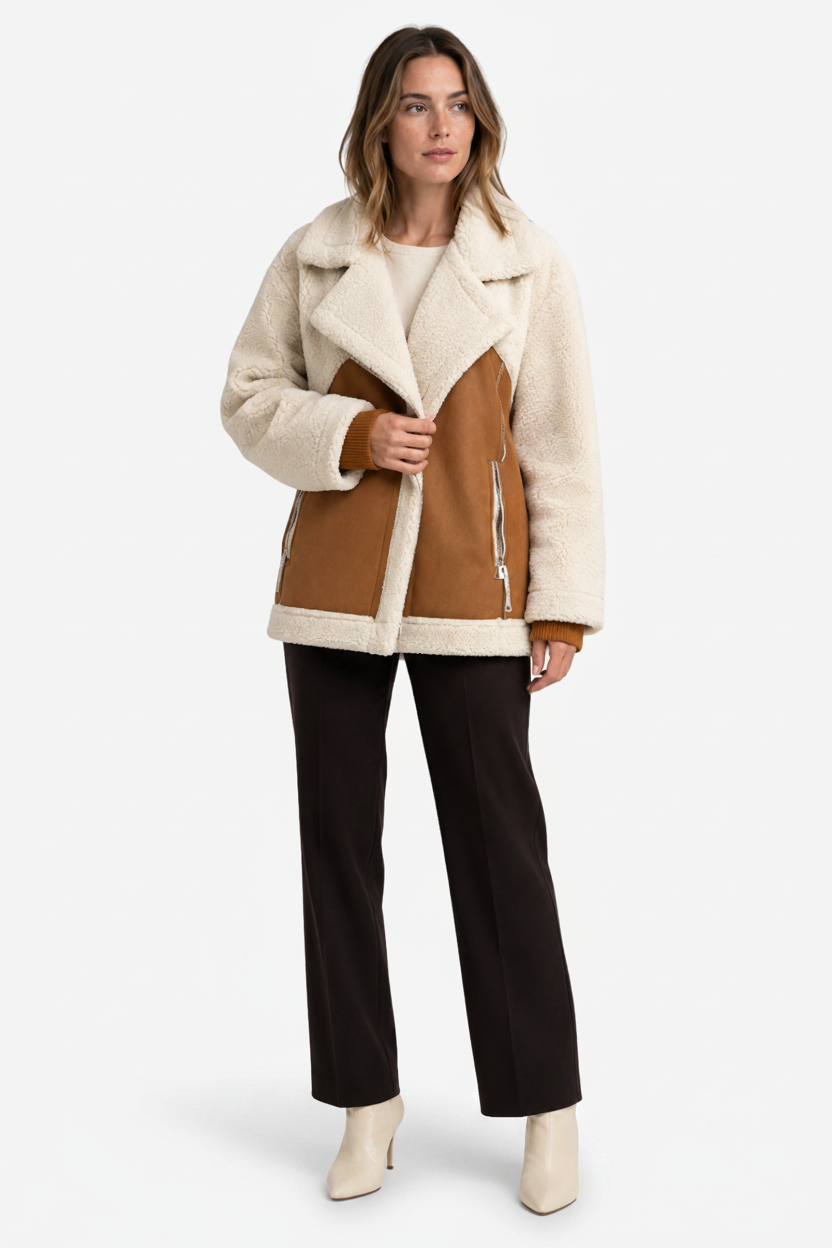 NOMU | Women's Shearling Jacket – Oversized Lapel Contrast Panel Zip Up Design