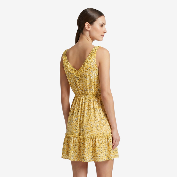 NOMU | Women's Printed Mini Dress – V Neck Ruffle Strap Tie Waist Design