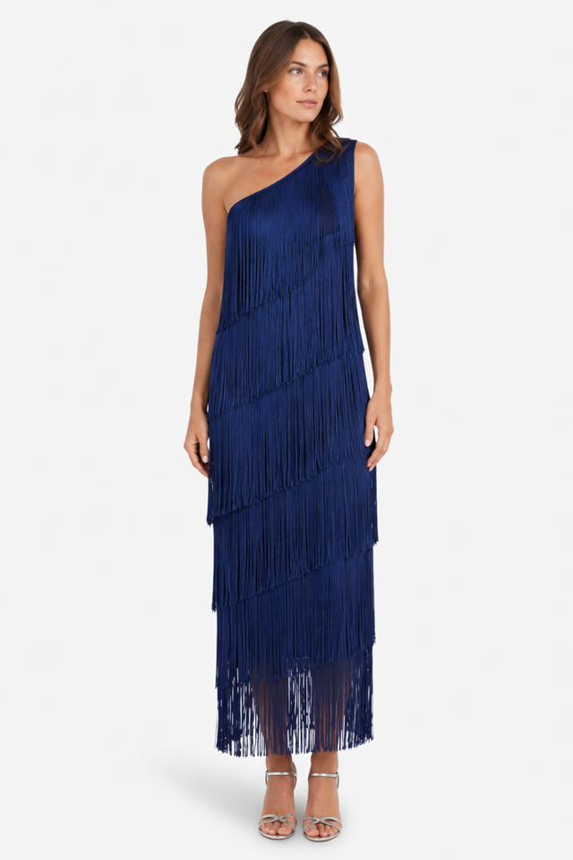 NOMU | Women's Fringe Maxi Dress – One Shoulder Layered Tassel Design