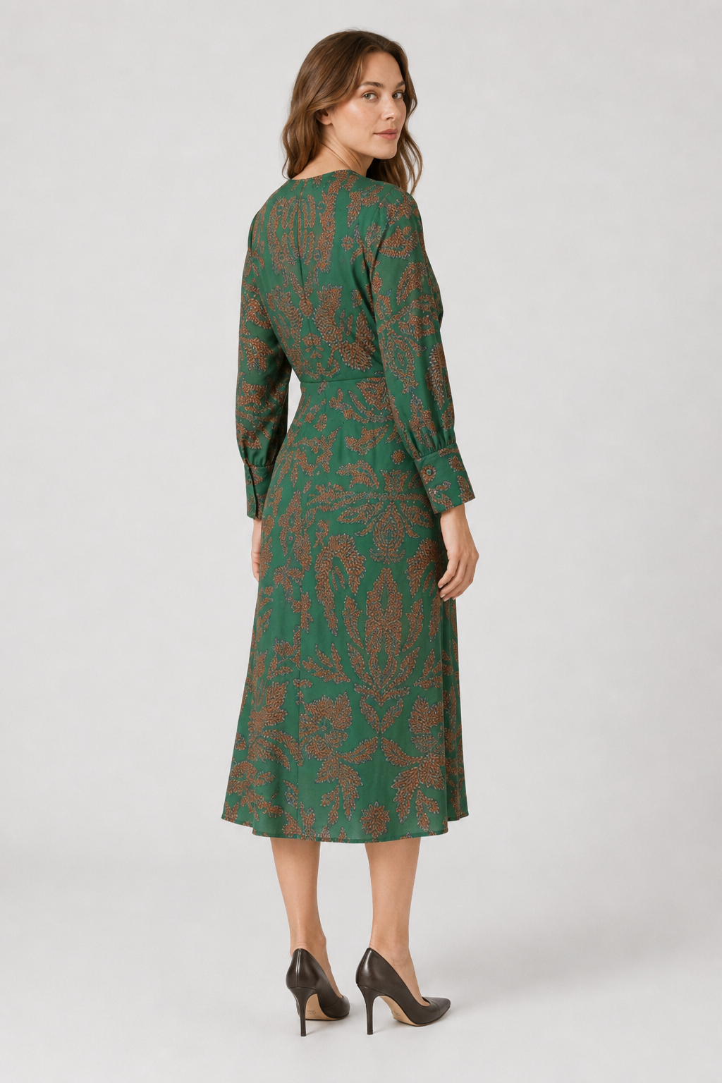 NOMU | Women's Vintage Print Twist Front Midi Dress – Elegant Long Sleeve V-Neck Dress
