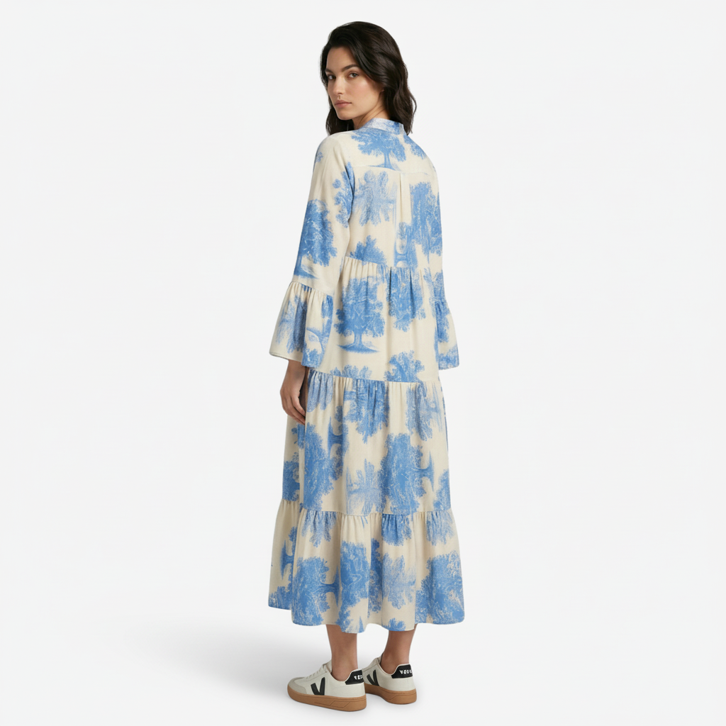 NOMU | Women's Vintage Floral Tiered Maxi Dress – Elegant Long Sleeve Flowing Dress