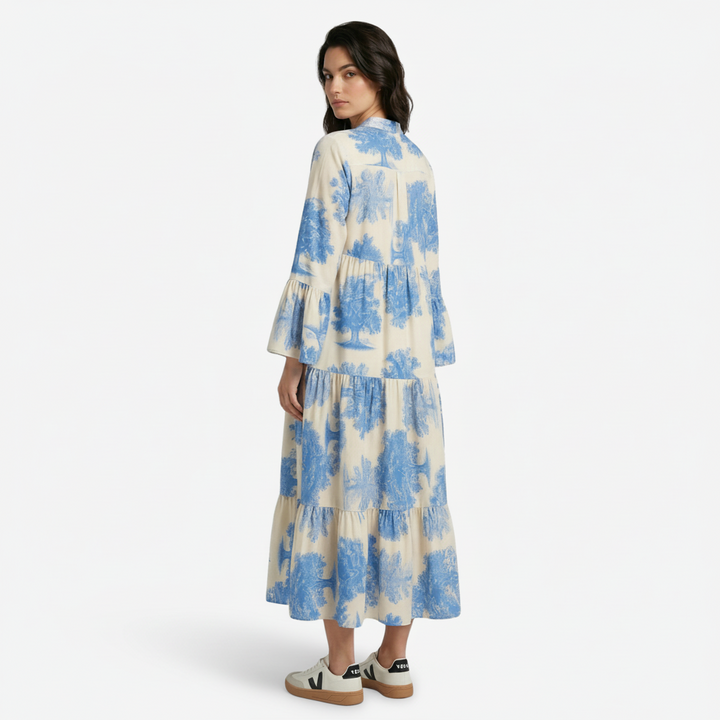 NOMU | Women's Vintage Floral Tiered Maxi Dress – Elegant Long Sleeve Flowing Dress