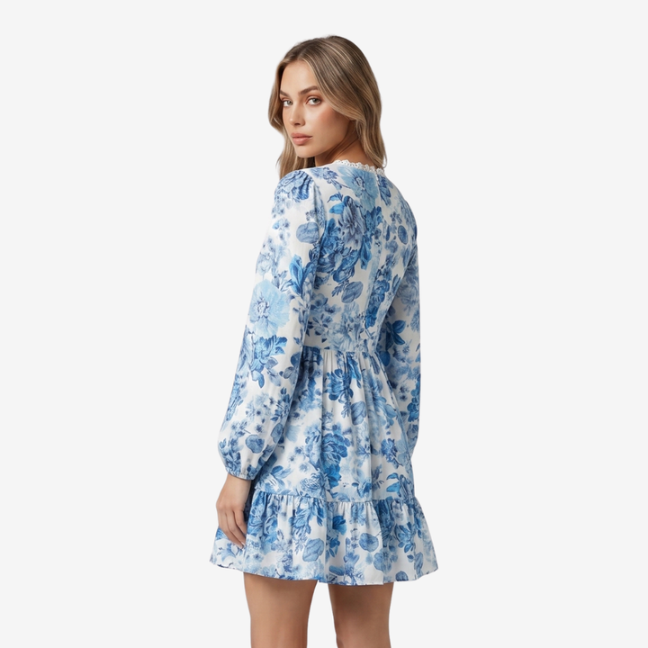 NOMU | Women's Floral Mini Dress – V Neck Long Sleeve Ruffle Hem Design