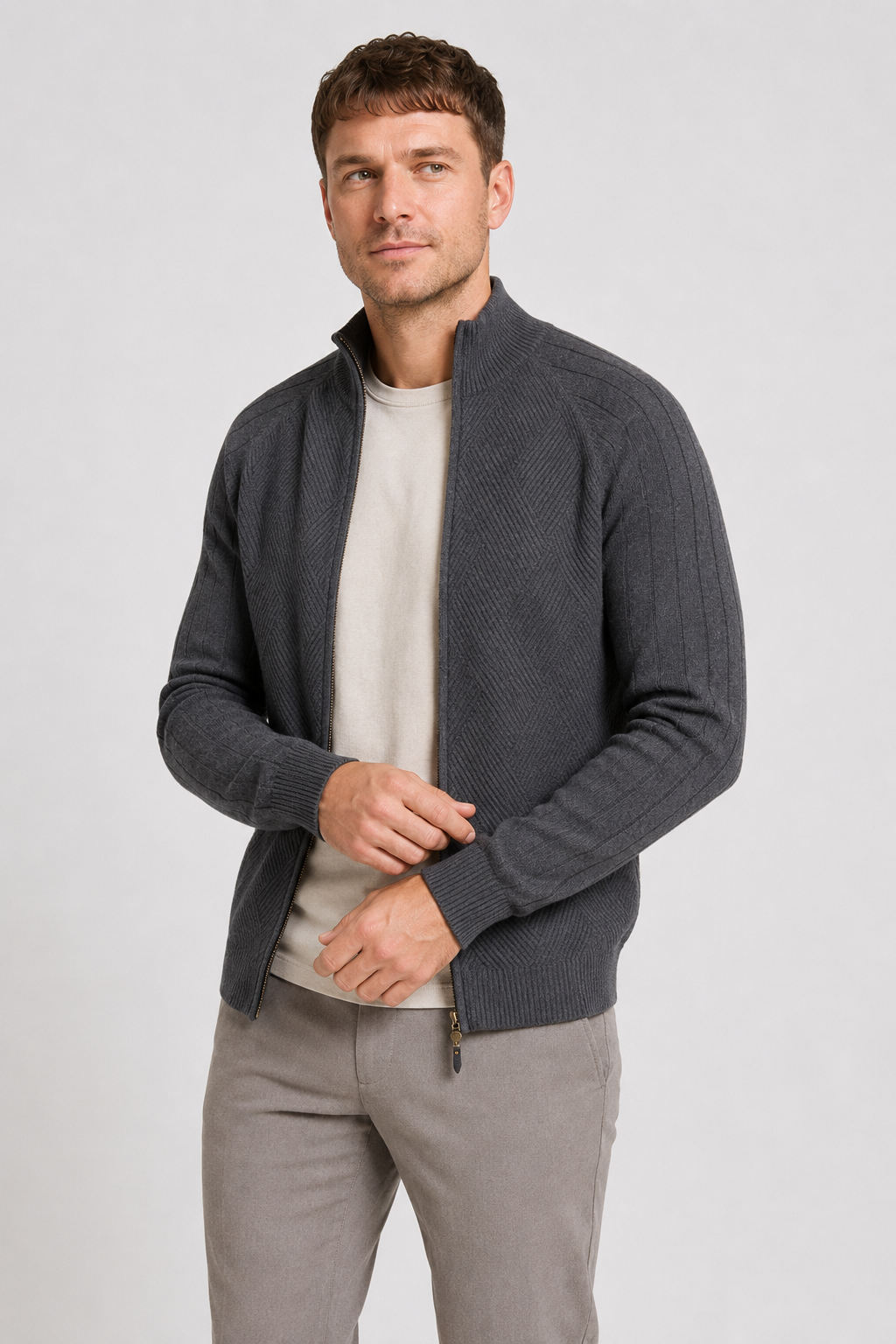 NOMU | Men's Zip-Up Knit Sweater Jacket – Textured Stand Collar Cardigan