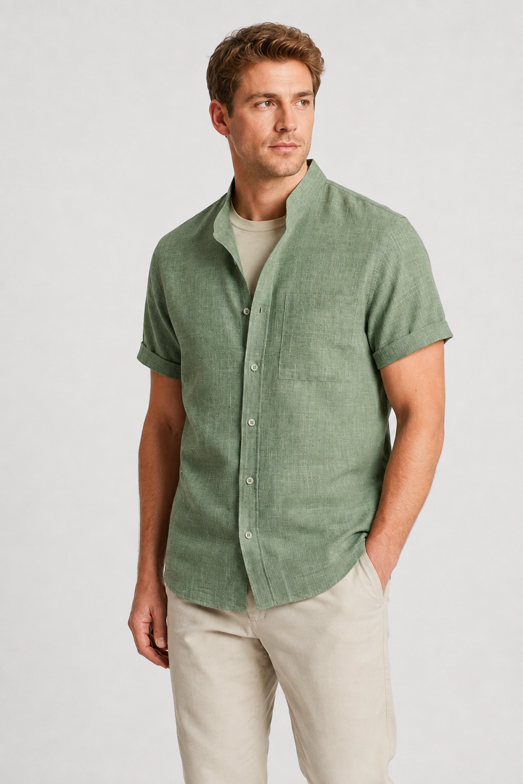 NOMU | Men’s Short Sleeve Mandarin Collar Button Shirt