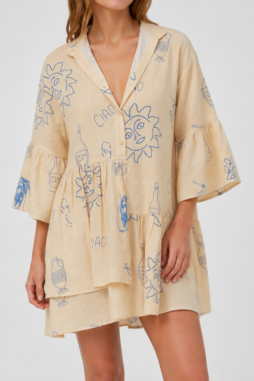 NOMU | Women's Printed Mini Dress – V Neck Button Front Tiered Loose Fit Design