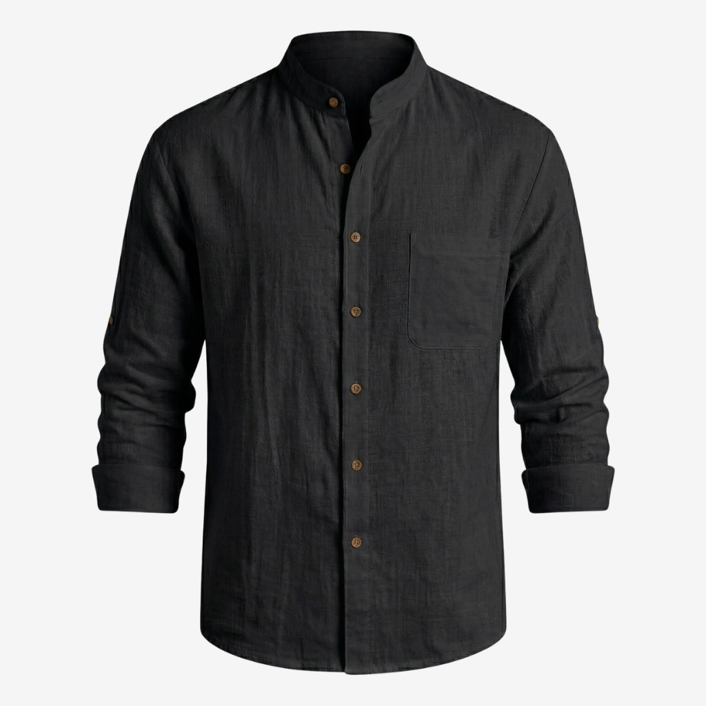NOMU | Men's Linen Blend Shirt – Long Sleeve Mandarin Collar Button Design