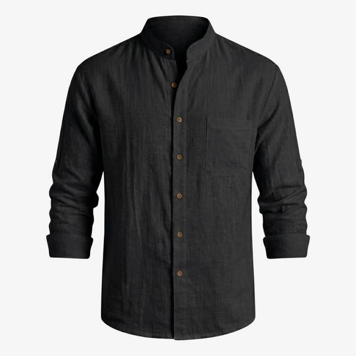 NOMU | Men's Linen Blend Shirt – Long Sleeve Mandarin Collar Button Design