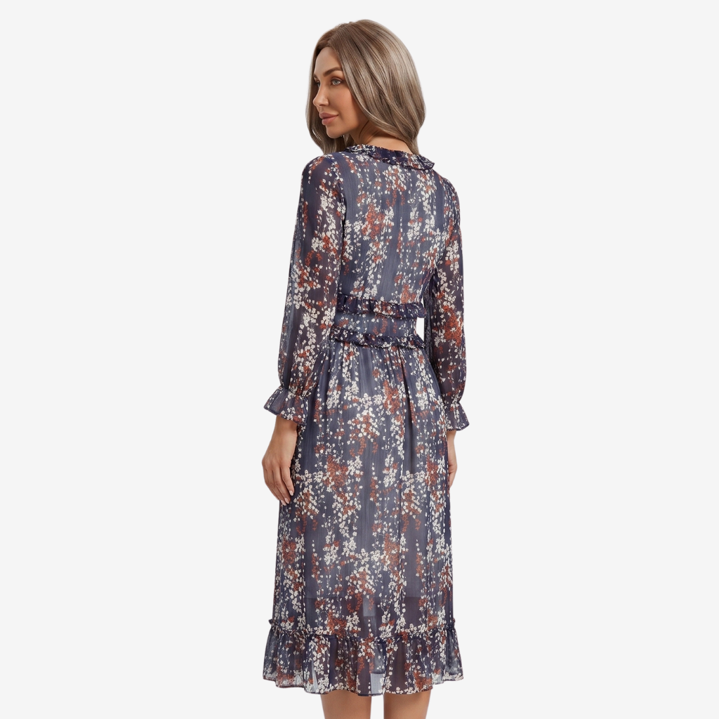 NOMU | Women's Floral Midi Dress – V Neck Long Sleeve Ruffle Trim Design