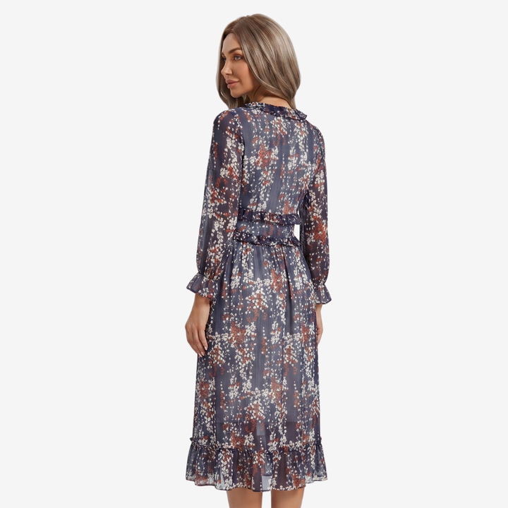 NOMU | Women's Floral Midi Dress – V Neck Long Sleeve Ruffle Trim Design