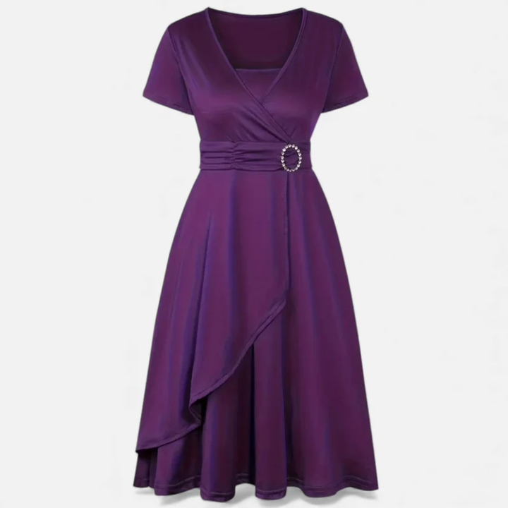 NOMU | Women's Elegant Wrap Midi Dress – Short Sleeve V-Neck Party Dress