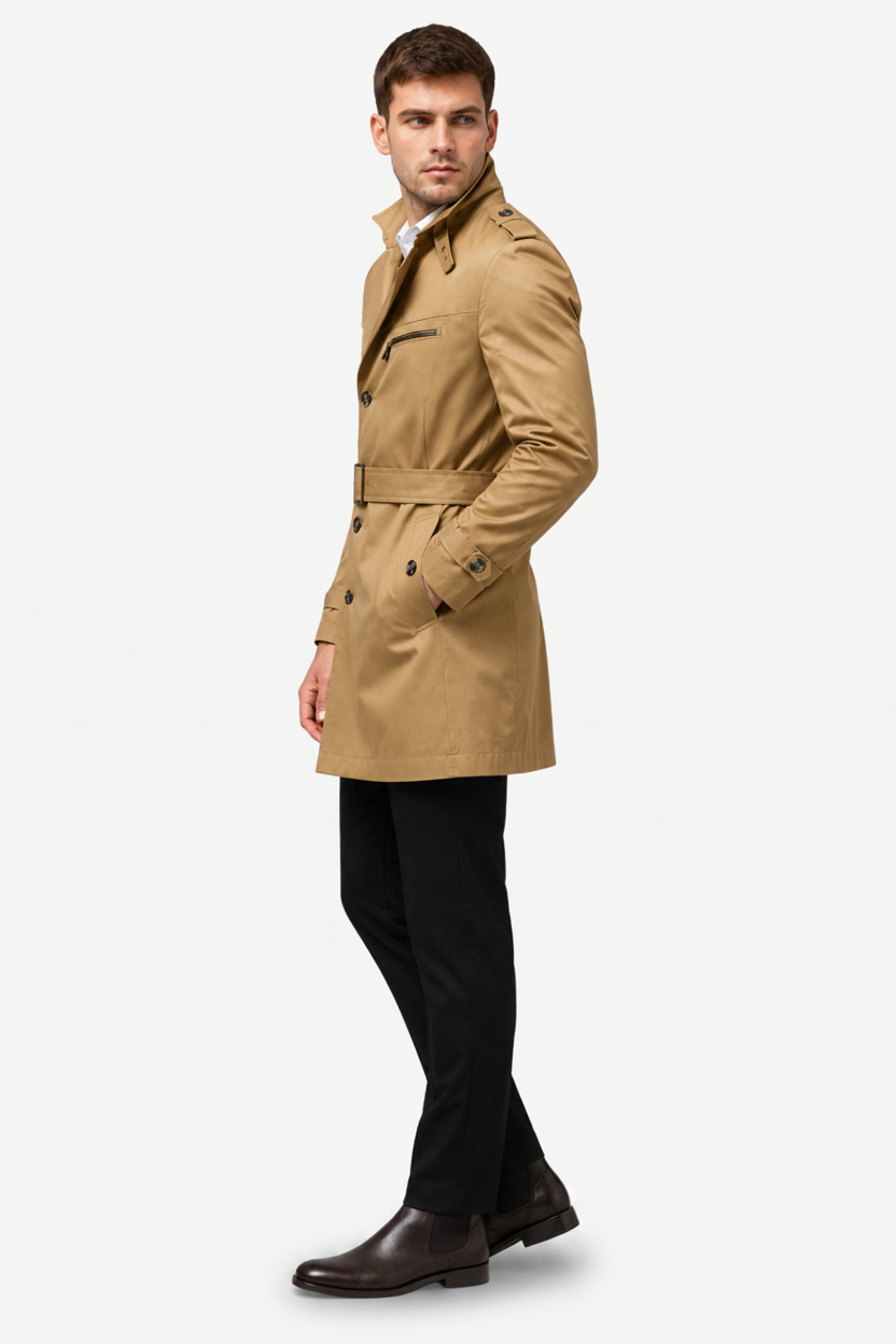 NOMU | Men's Belted Trench Coat – Double-Breasted Front with Adjustable Waist Belt
