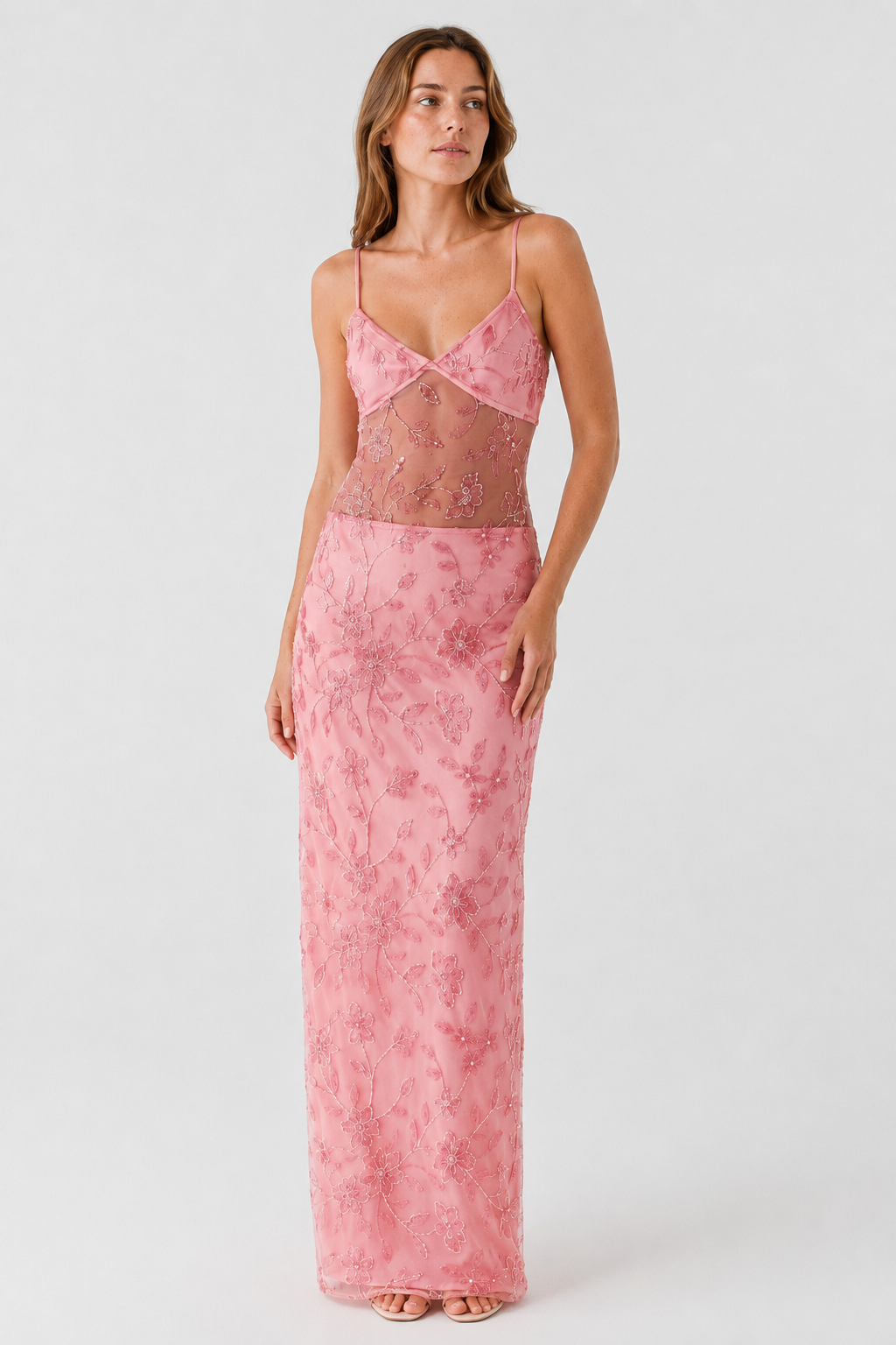NOMU | Women's Embroidered Maxi Dress – Sleeveless Mesh Cut-Out Bodycon Design