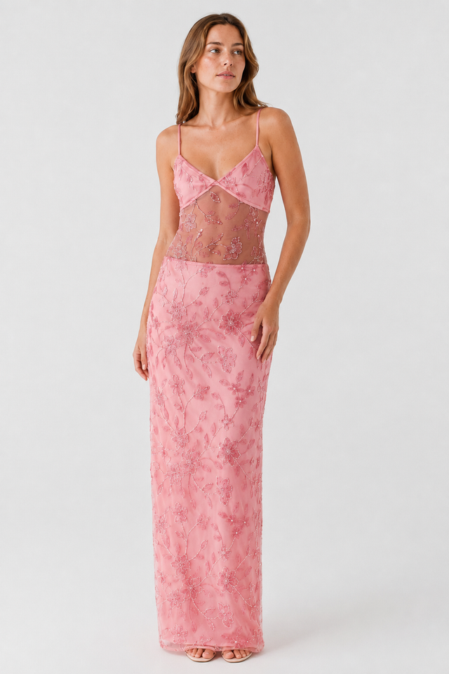 NOMU | Women's Embroidered Maxi Dress – Sleeveless Mesh Cut-Out Bodycon Design