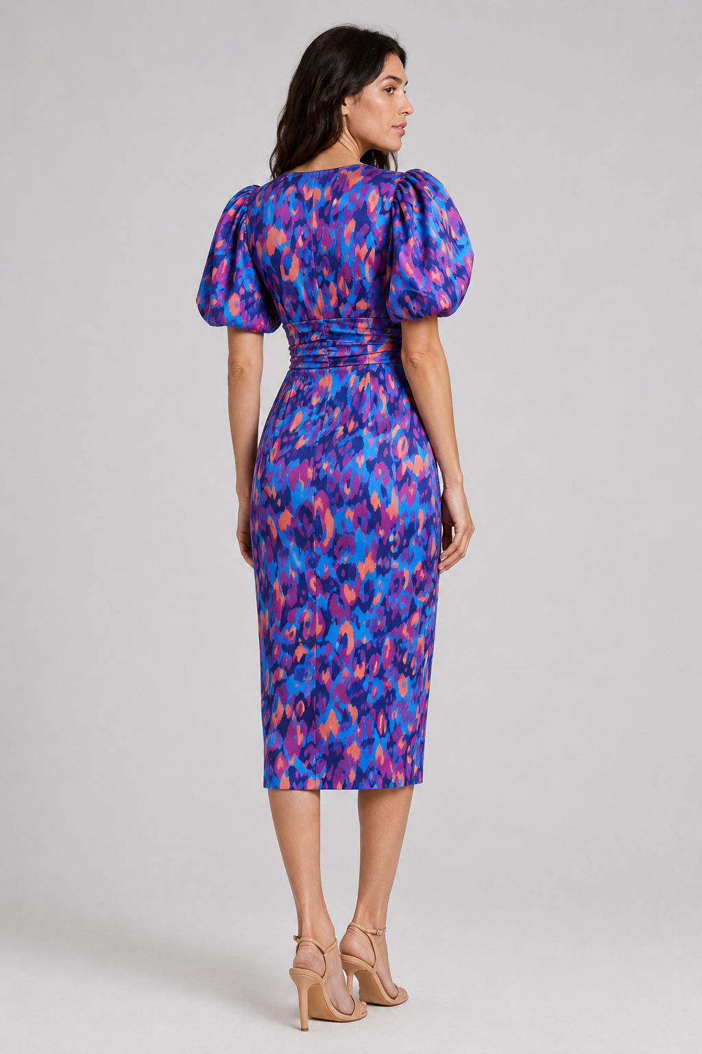 NOMU | Women's Abstract Print Ruched Midi Dress – Elegant Puff Sleeve Bodycon Dress