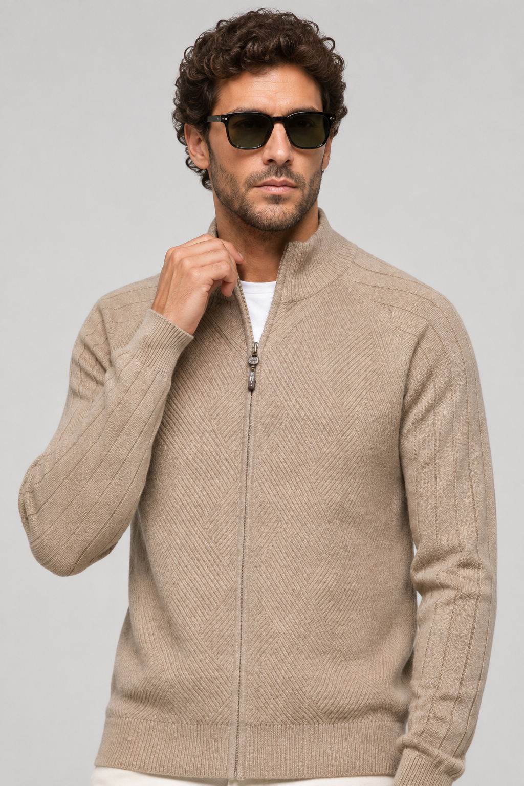 NOMU | Men's Zip-Up Knit Sweater Jacket – Textured Stand Collar Cardigan