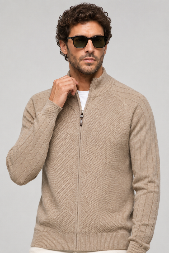 NOMU | Men's Zip-Up Knit Sweater Jacket – Textured Stand Collar Cardigan