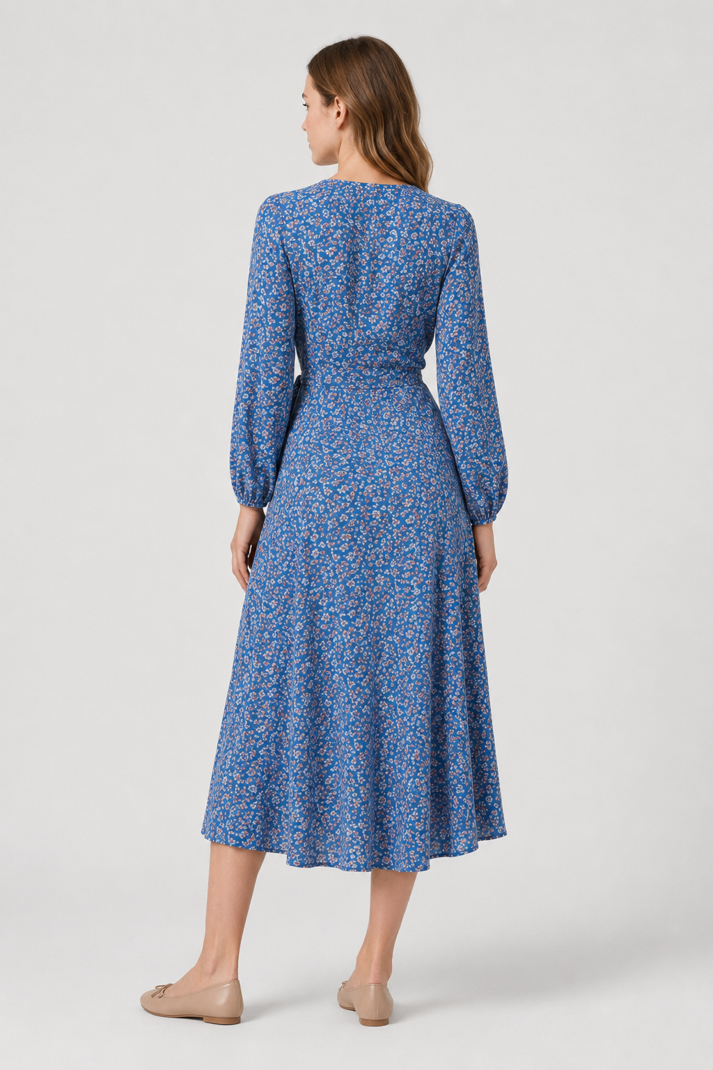 NOMU | Women's Floral Wrap Midi Dress – Long Sleeve Tie Waist Ruffle Hem Design