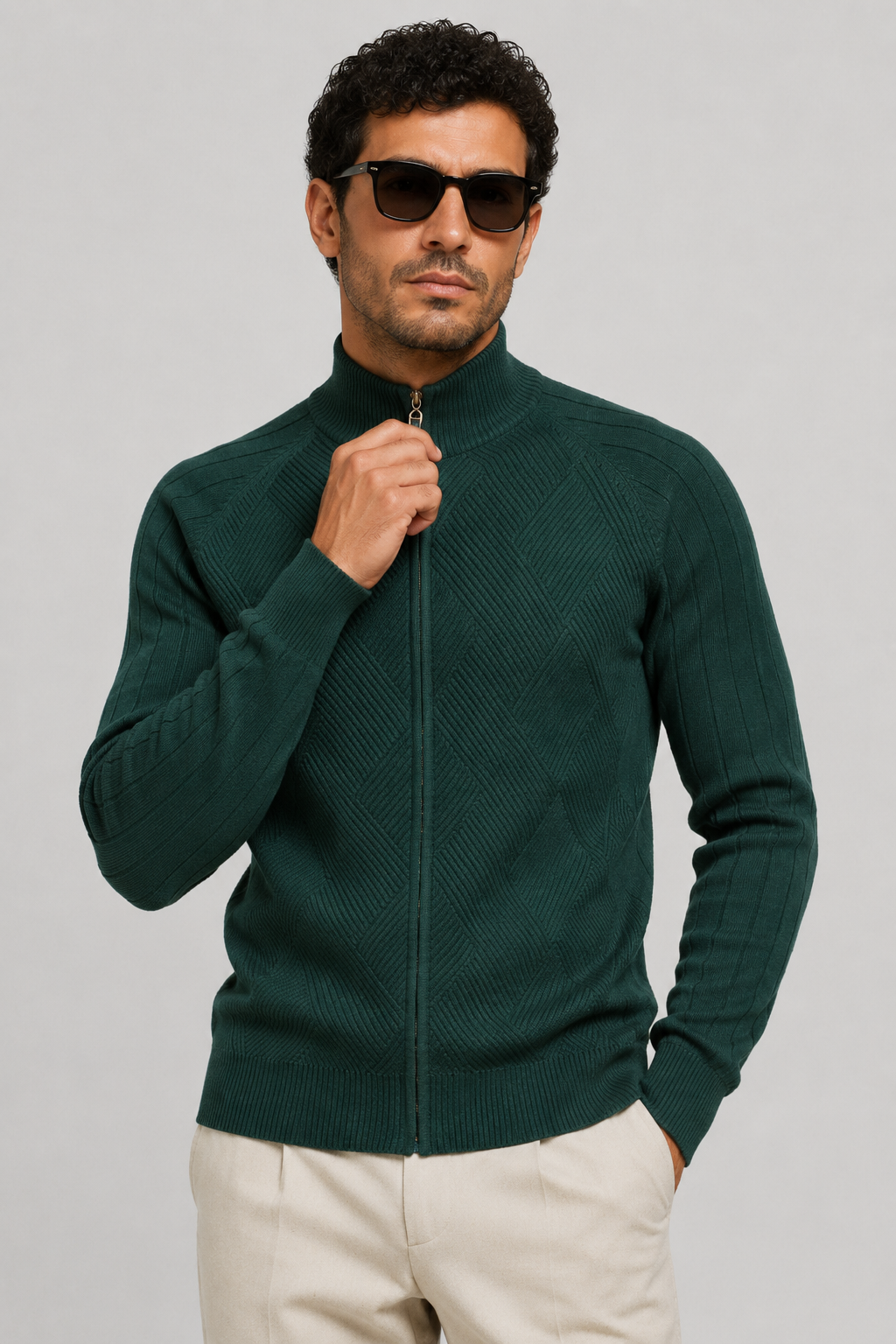 NOMU | Men's Zip-Up Knit Sweater Jacket – Textured Stand Collar Cardigan