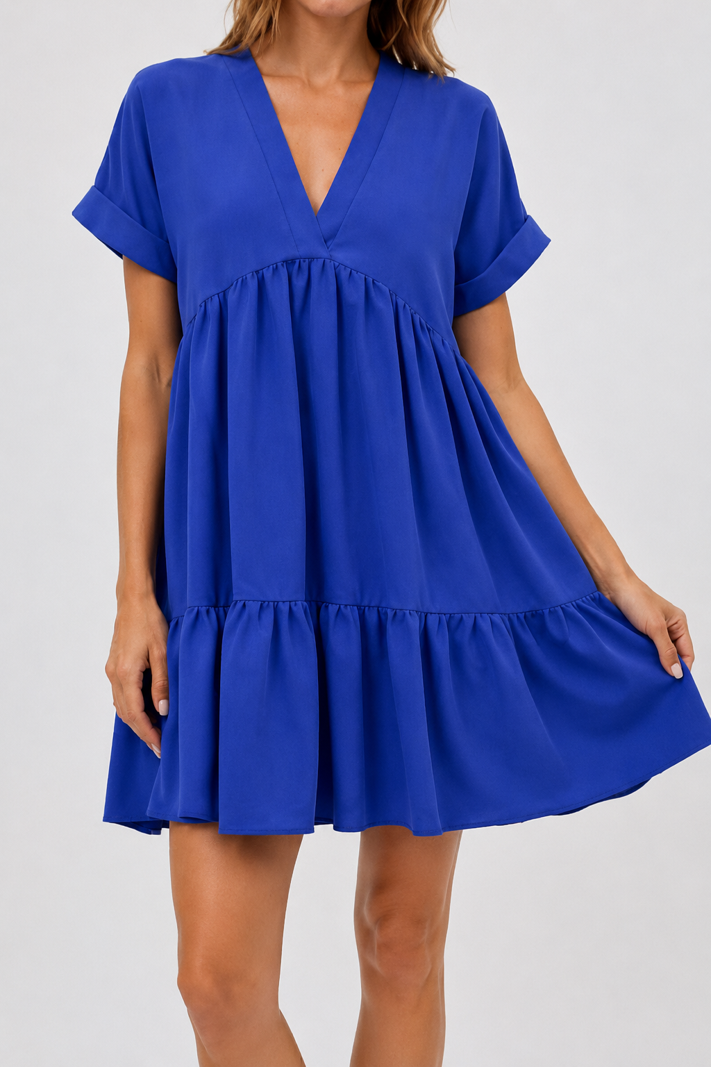NOMU | Women's Tiered Mini Dress – V Neck Short Sleeve Loose Fit Design