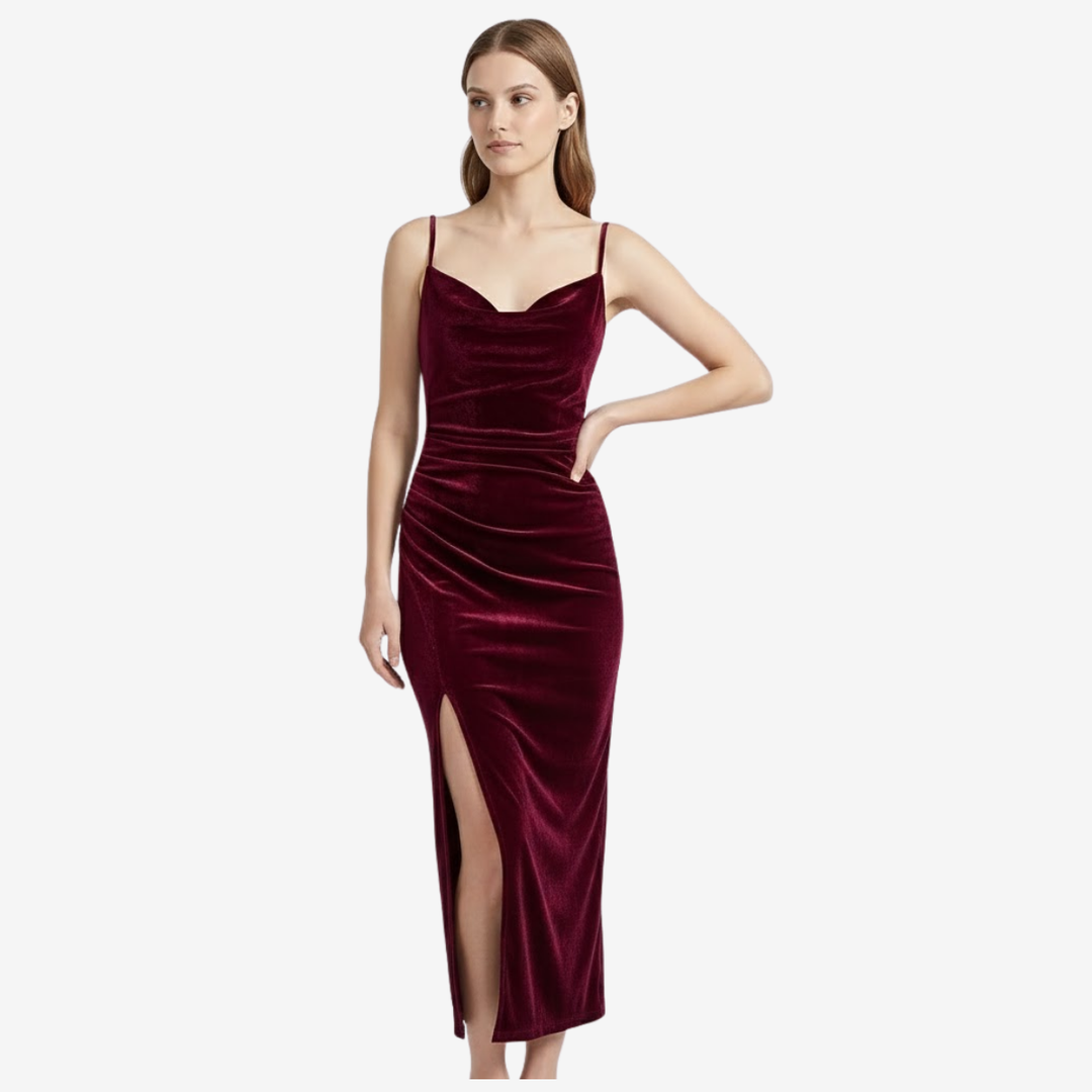 NOMU | Women's Velvet Cowl Neck Midi Dress – Elegant Sleeveless Slit Evening Gown