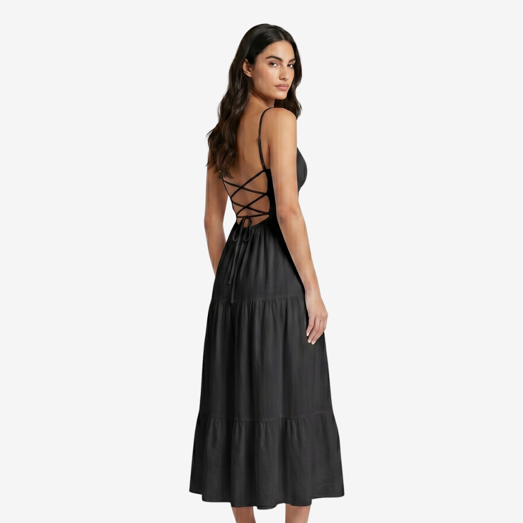 NOMU | Women's Tiered Midi Dress – Spaghetti Strap Tie Front Relaxed Fit Design