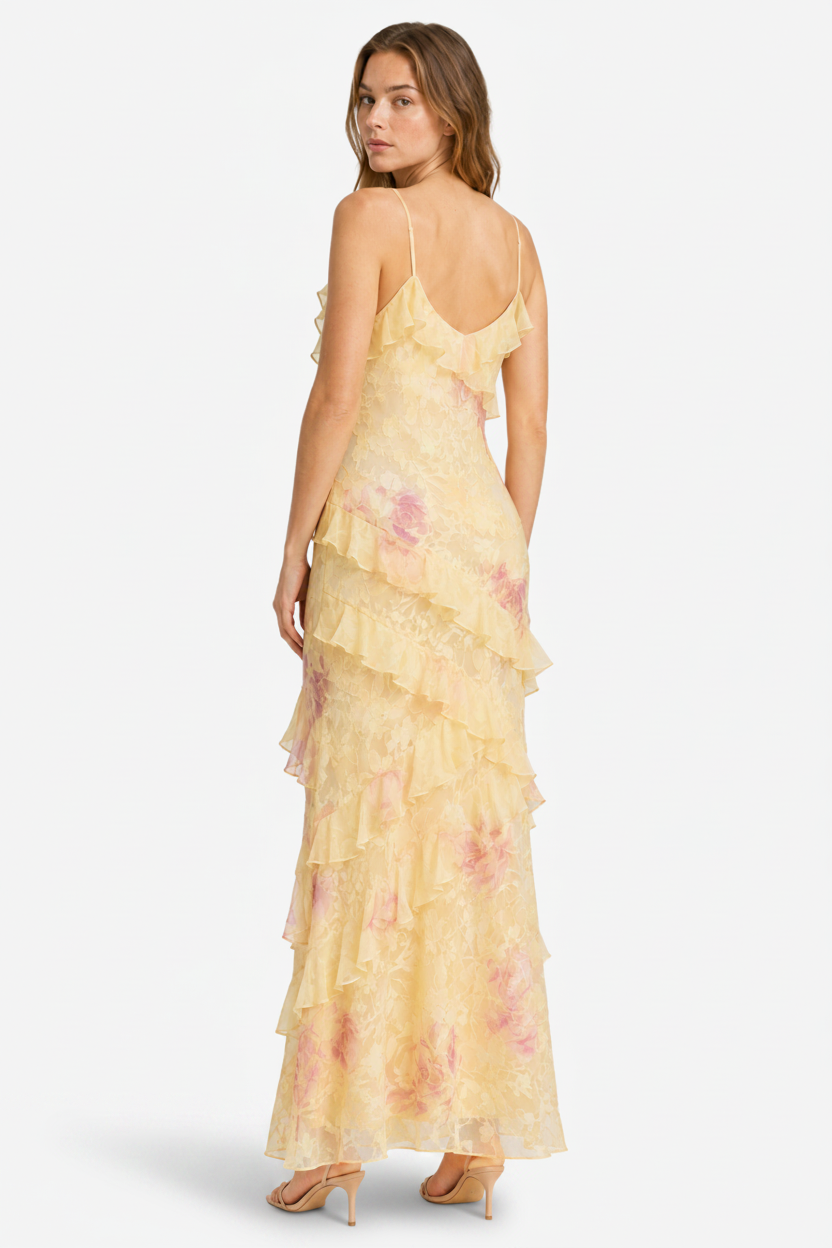 NOMU | Women's Floral Ruffle Maxi Dress – Elegant Sleeveless Layered Party Dress