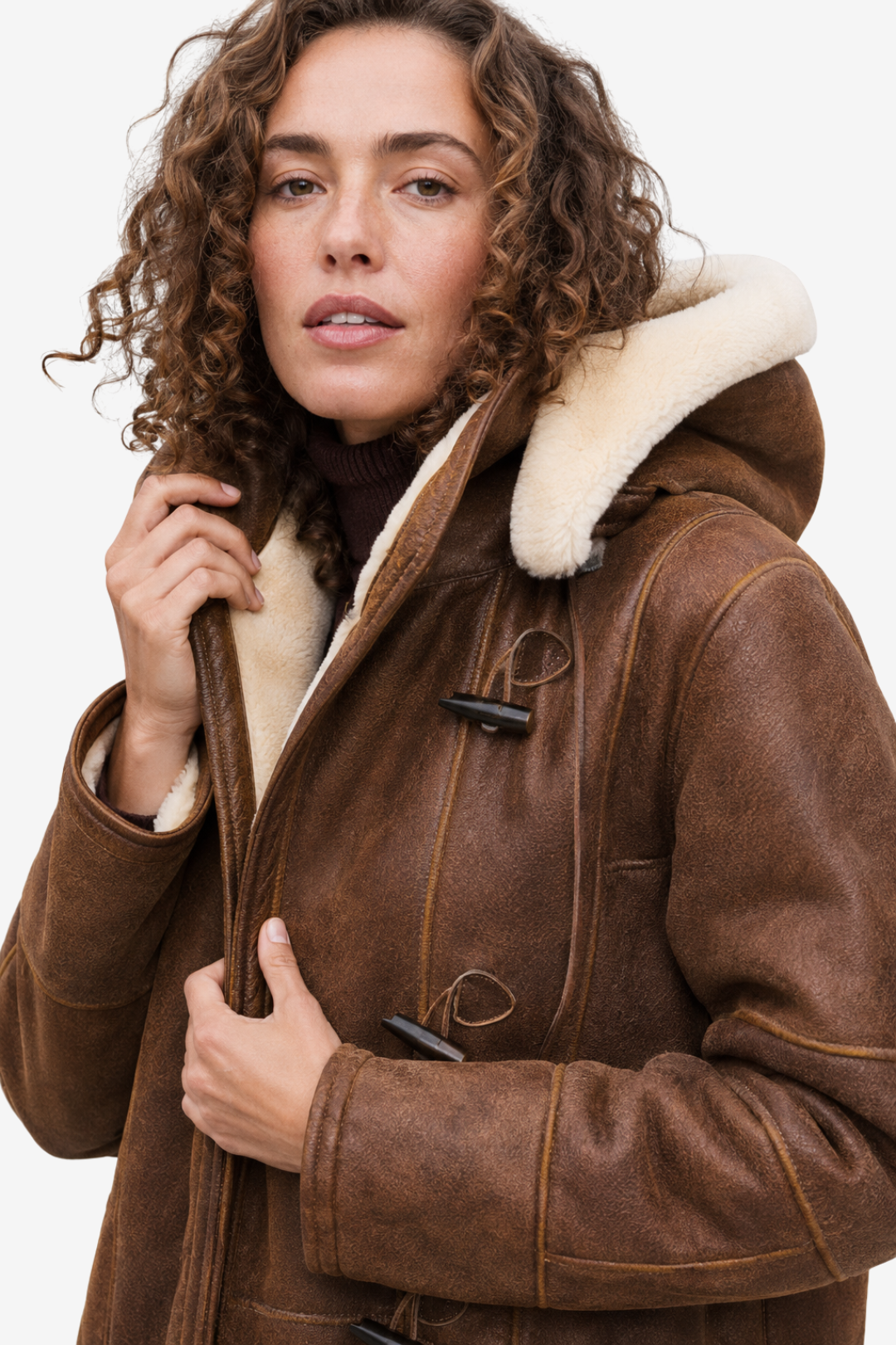 NOMU | Women's Shearling Coat – Hooded Toggle Front Longline Design