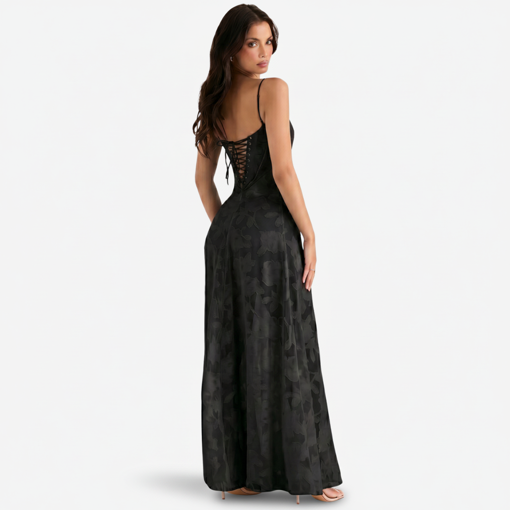 NOMU | Women's Mesh Maxi Dress – Spaghetti Strap Floral Overlay Fitted Design