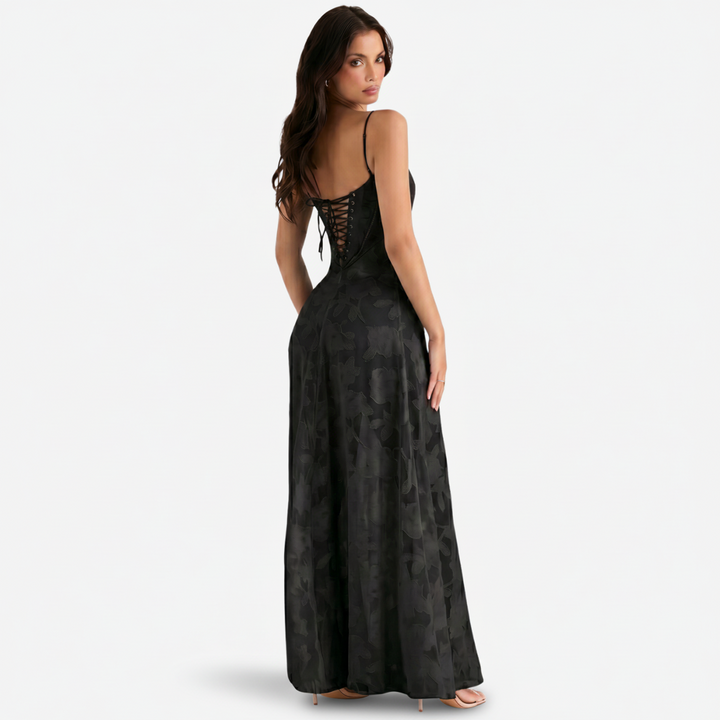 NOMU | Women's Mesh Maxi Dress – Spaghetti Strap Floral Overlay Fitted Design