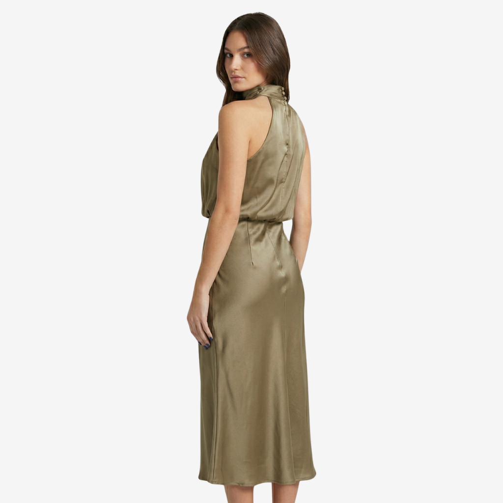 NOMU | Women's Satin High Neck Midi Dress – Elegant Sleeveless Evening Slip Dress