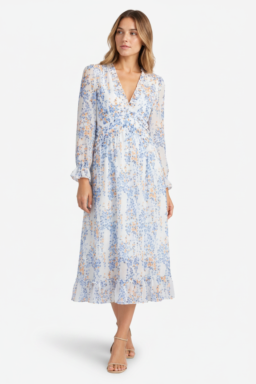 NOMU | Women's Floral Midi Dress – V Neck Long Sleeve Ruffle Trim Design