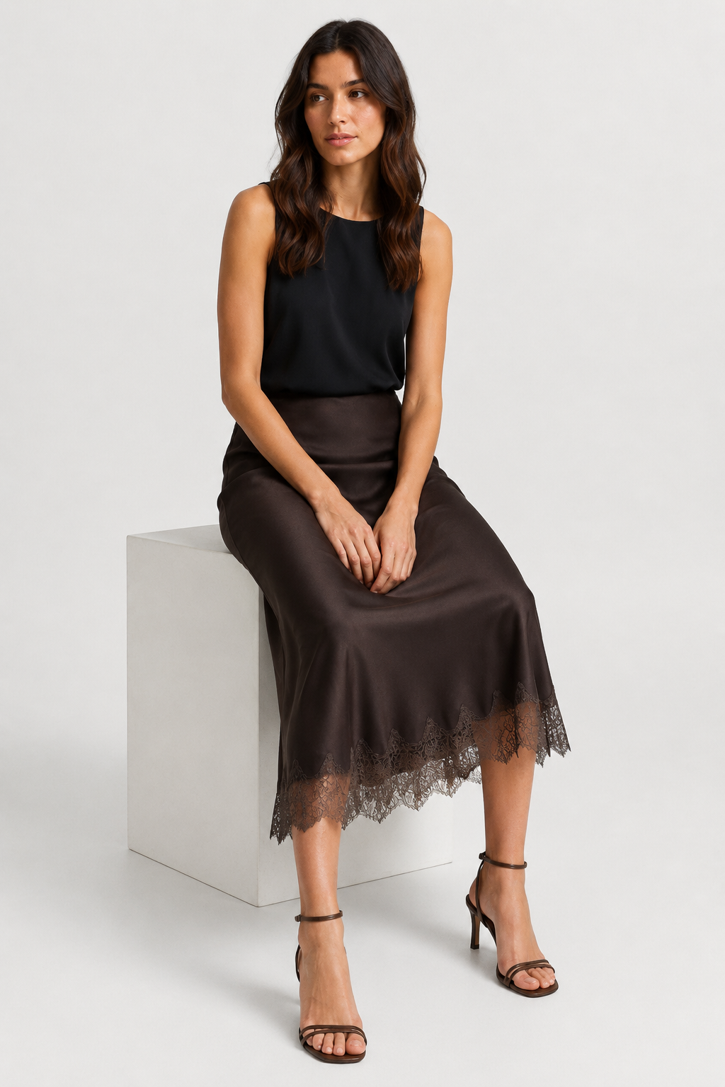 NOMU | Women's Satin Midi Skirt – Elegant Lace Trim Slip Skirt