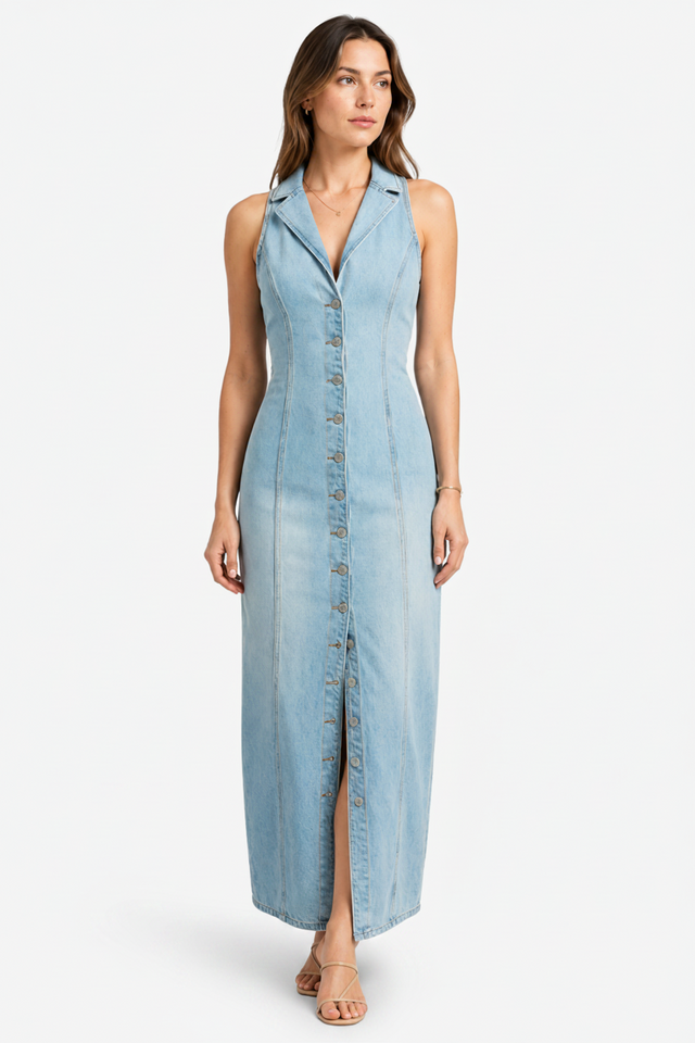 NOMU | Women's Denim Midi Dress – Sleeveless Button Front Fitted Design