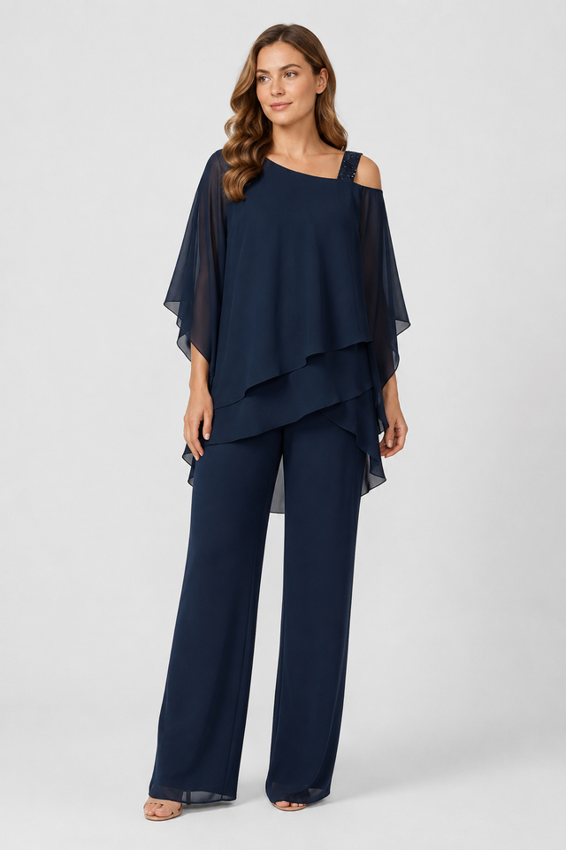 NOMU | Women's Elegant Chiffon Overlay Pant Set – Flowing Evening Two-Piece Outfit