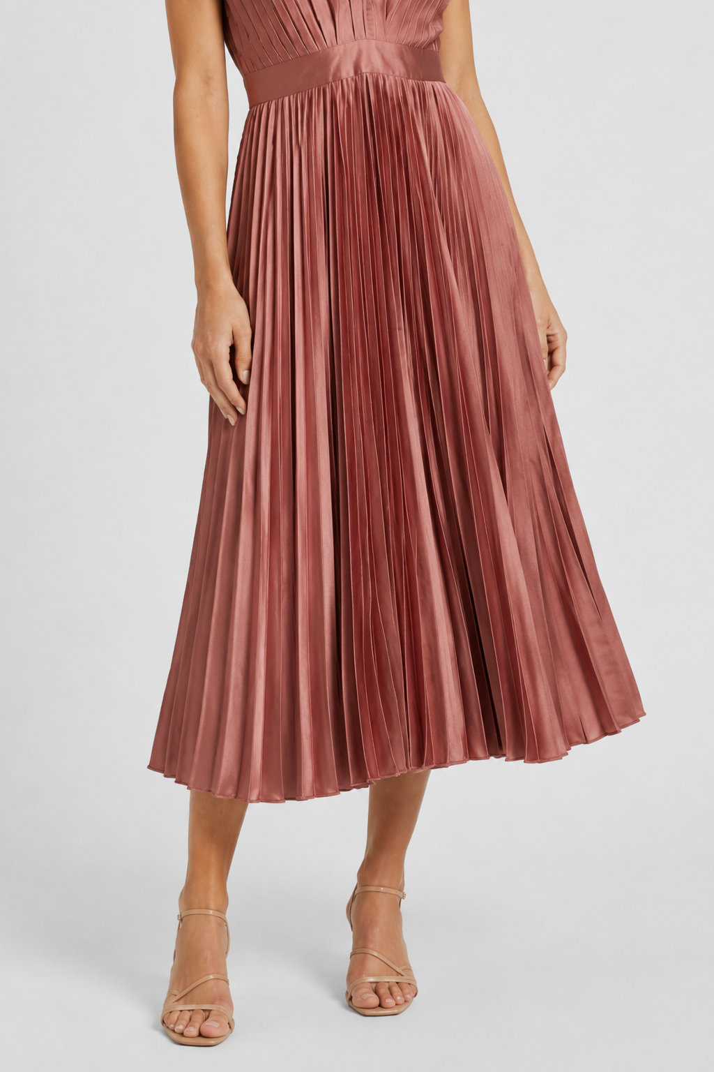 NOMU | Women's Pleated V-Neck Midi Dress – Elegant Sleeveless Flowing Evening Dress