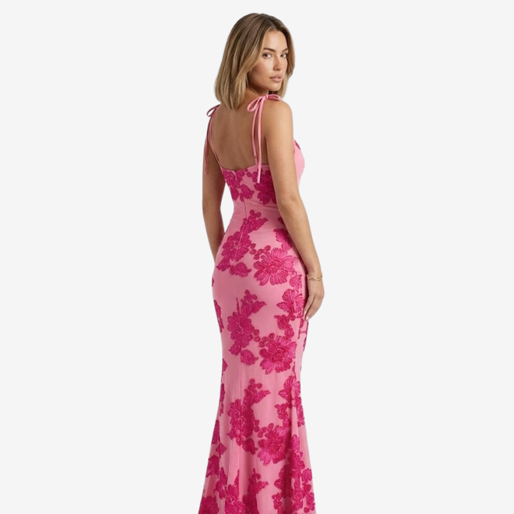 NOMU | Women's Floral Embroidered Bodycon Maxi Dress – Elegant Tie Strap Occasion Dress