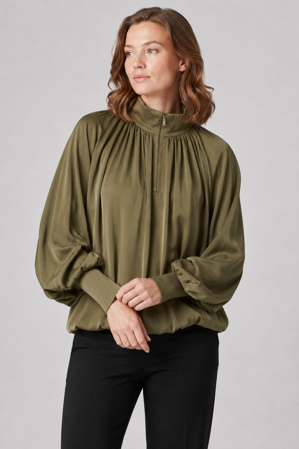 NOMU | Women's Gathered High Neck Blouse – Elegant Balloon Sleeve Top