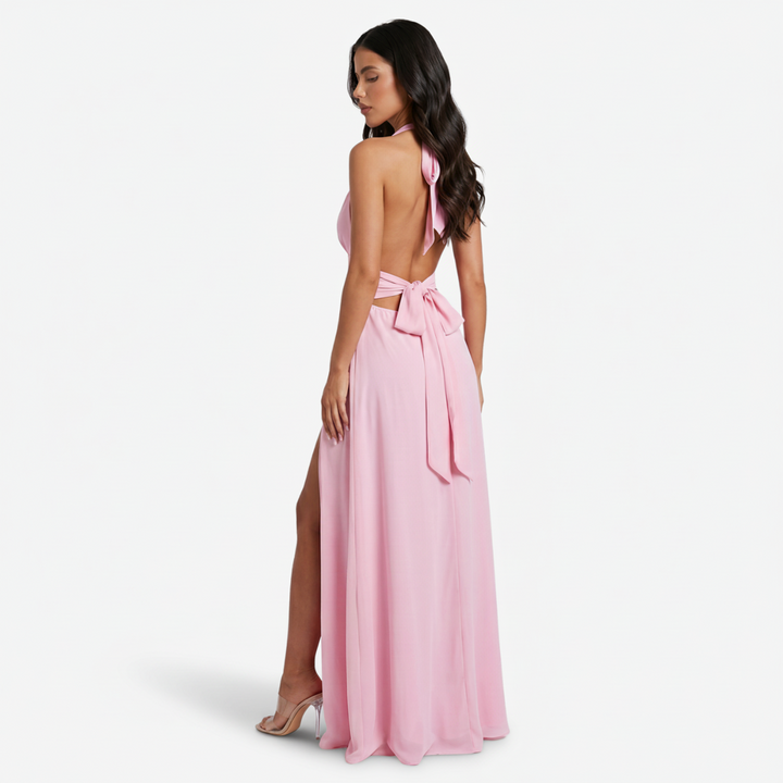 NOMU | Women's Halter Maxi Dress – Deep V Neck Side Slit Fitted Design
