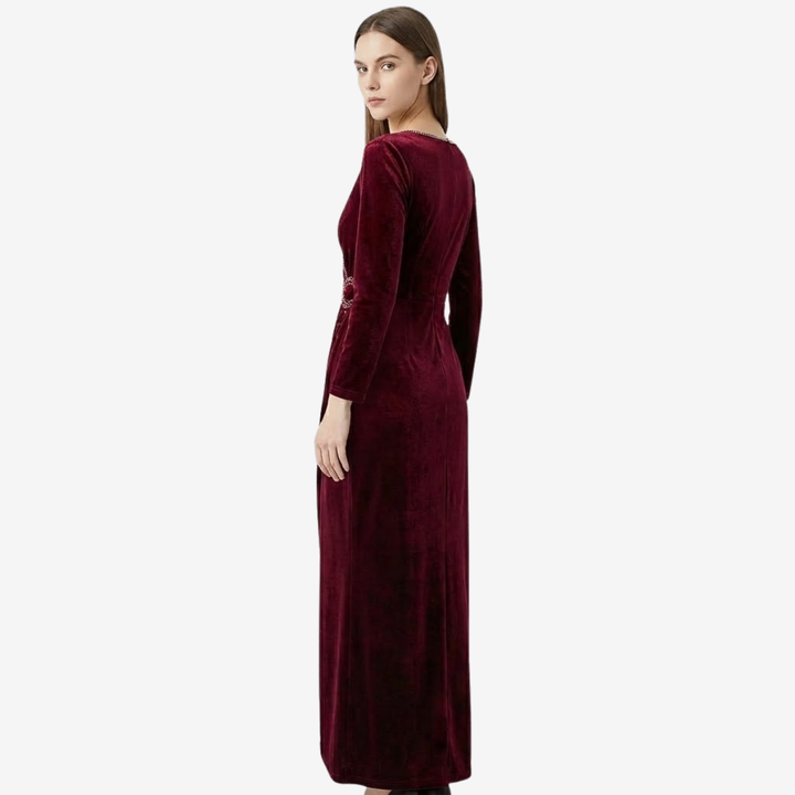 NOMU | Women's Velvet Wrap Midi Dress – Elegant Long Sleeve Rhinestone Evening Dress