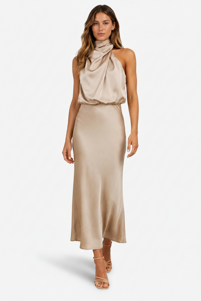NOMU | Women's Satin Maxi Dress – Sleeveless High Neck Draped Design