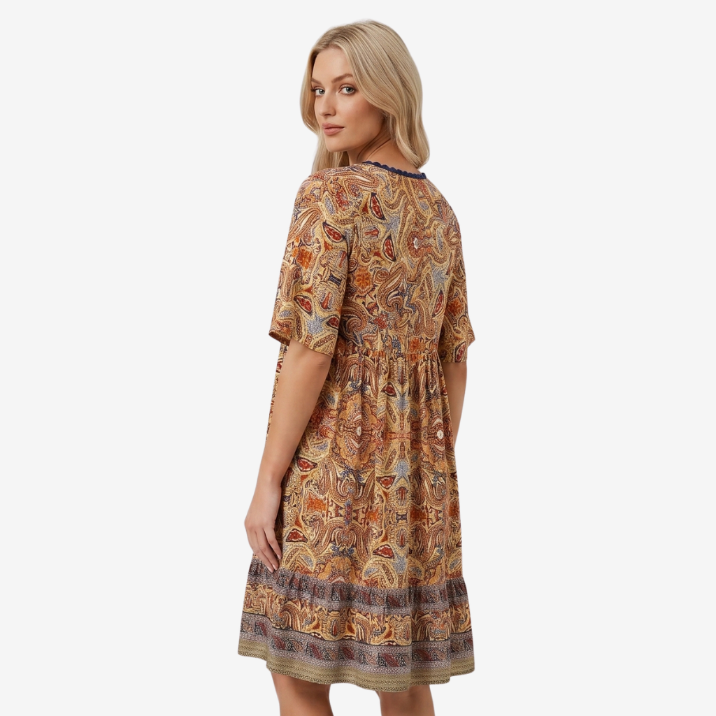 NOMU | Women's Printed Mini Dress – V Neck Short Sleeve Loose Fit Design