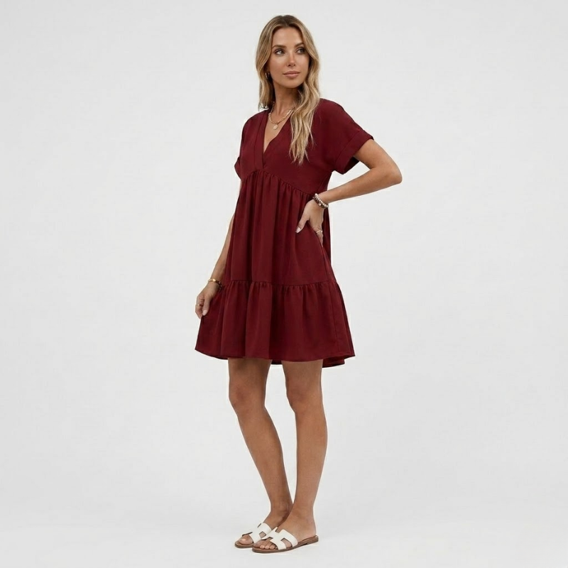 NOMU | Women's Tiered Mini Dress – V Neck Short Sleeve Loose Fit Design