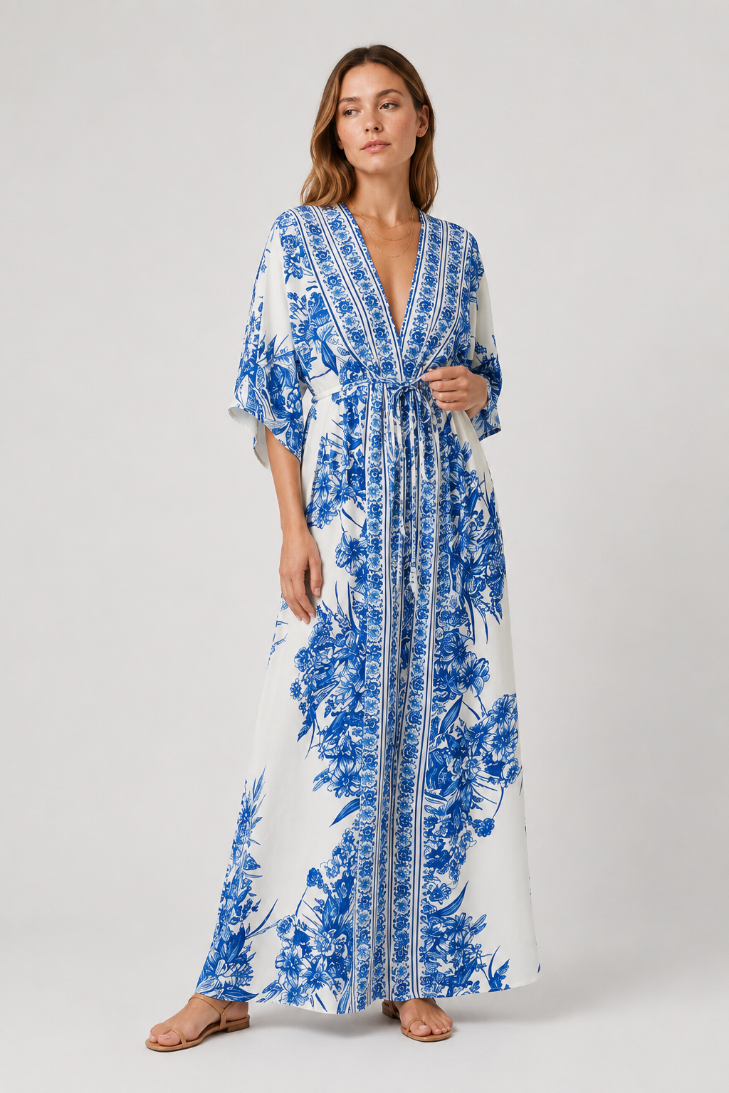 NOMU | Women's Printed Maxi Dress – V Neck Kimono Sleeve Tie Waist Relaxed Design