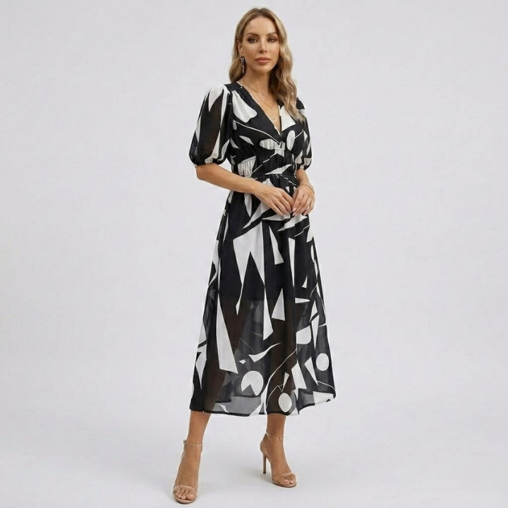 NOMU | Women's Abstract Print Midi Dress – V Neck Puff Sleeve Elastic Waist Design