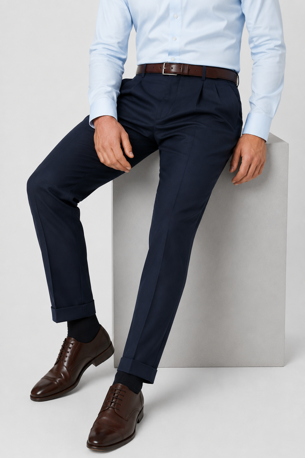 NOMU | Men's Navy Pleated Tapered Dress Trousers – Tailored Formal Pants