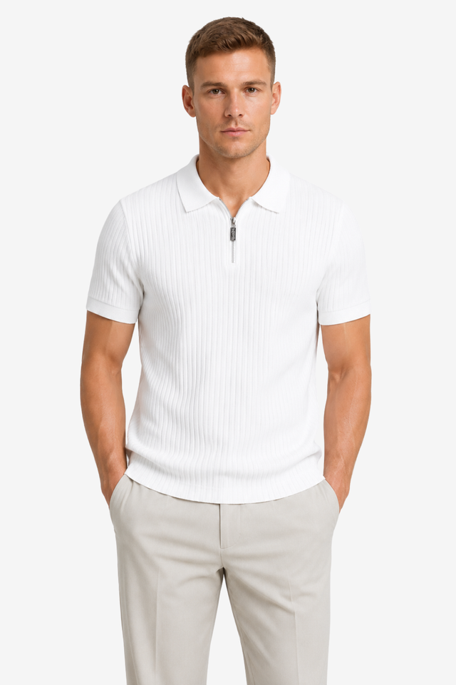NOMU | Men's Ribbed Knit Polo Shirt – Zip Collar Slim Fit Design