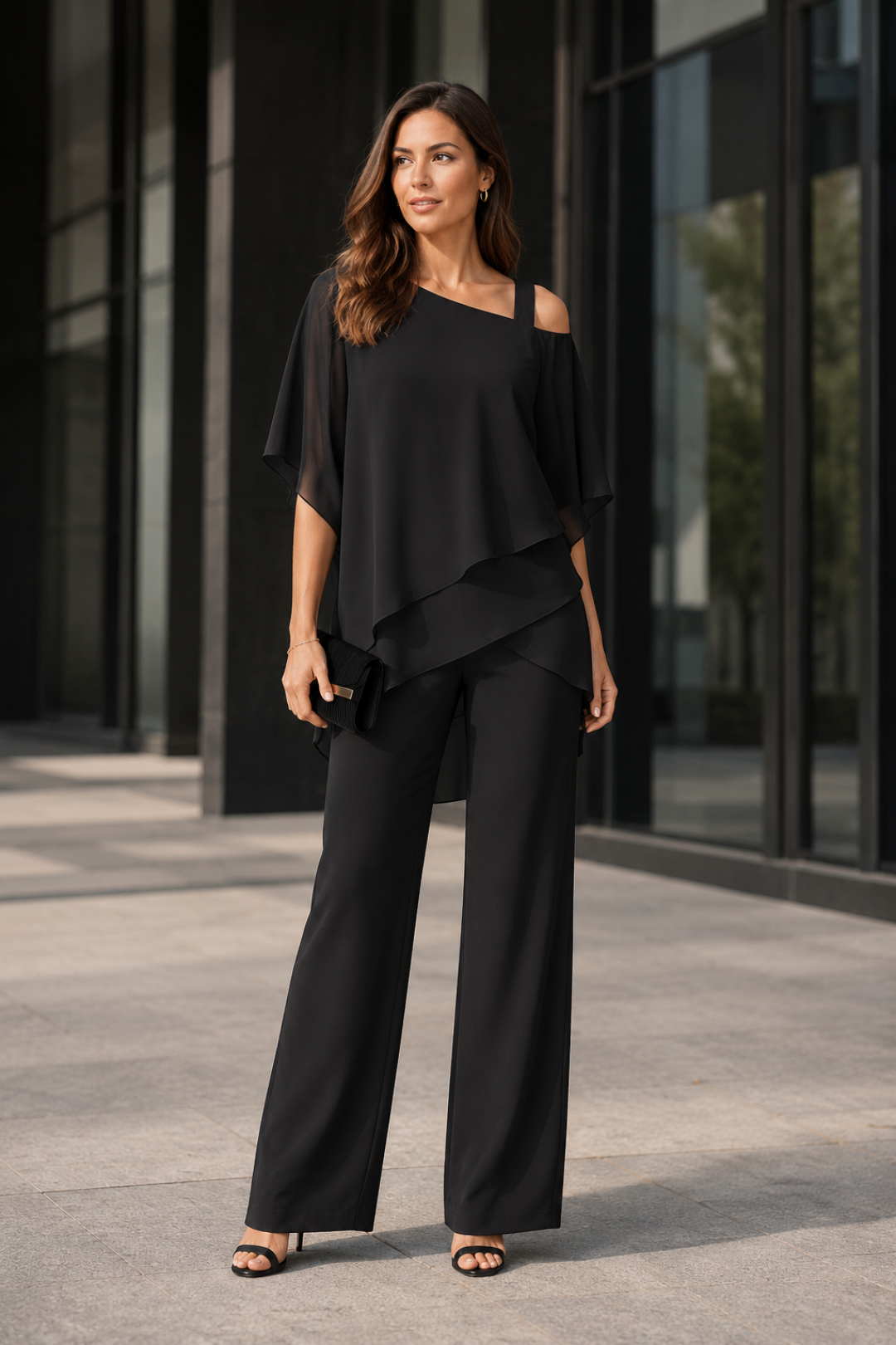 NOMU | Women's Two Piece Set – Asymmetric Layered Top Wide Leg Trousers Design