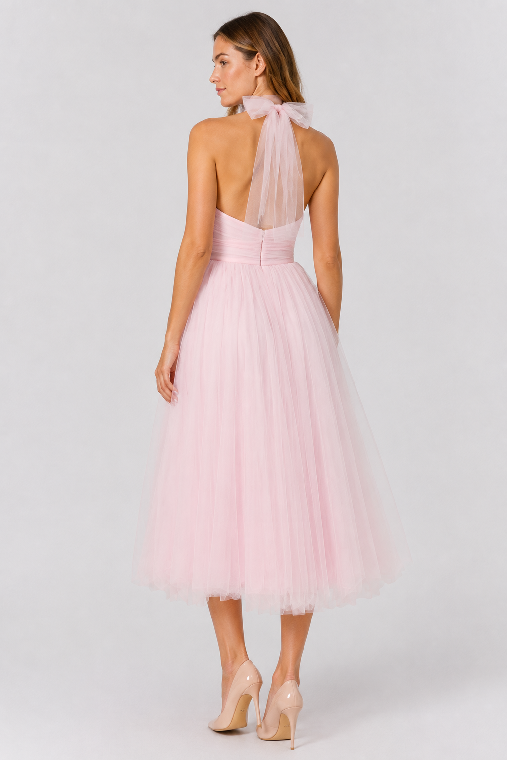 NOMU | Women's Halter Neck Tulle Midi Dress – Elegant Sleeveless Princess Party Dress