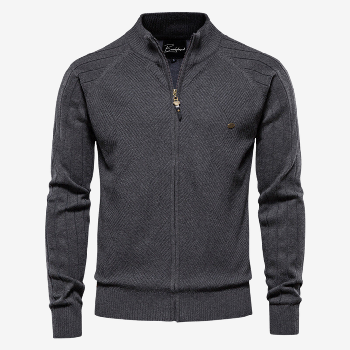 NOMU | Men's Zip-Up Knit Sweater Jacket – Textured Stand Collar Cardigan